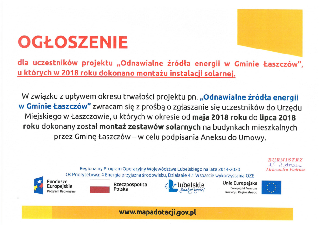 Ogłoszenie dla uczestników projektu „Odnawialne źródła energii w Gminie Łaszczów”, u których w 2018 roku dokonano montażu instalacji solarnej
