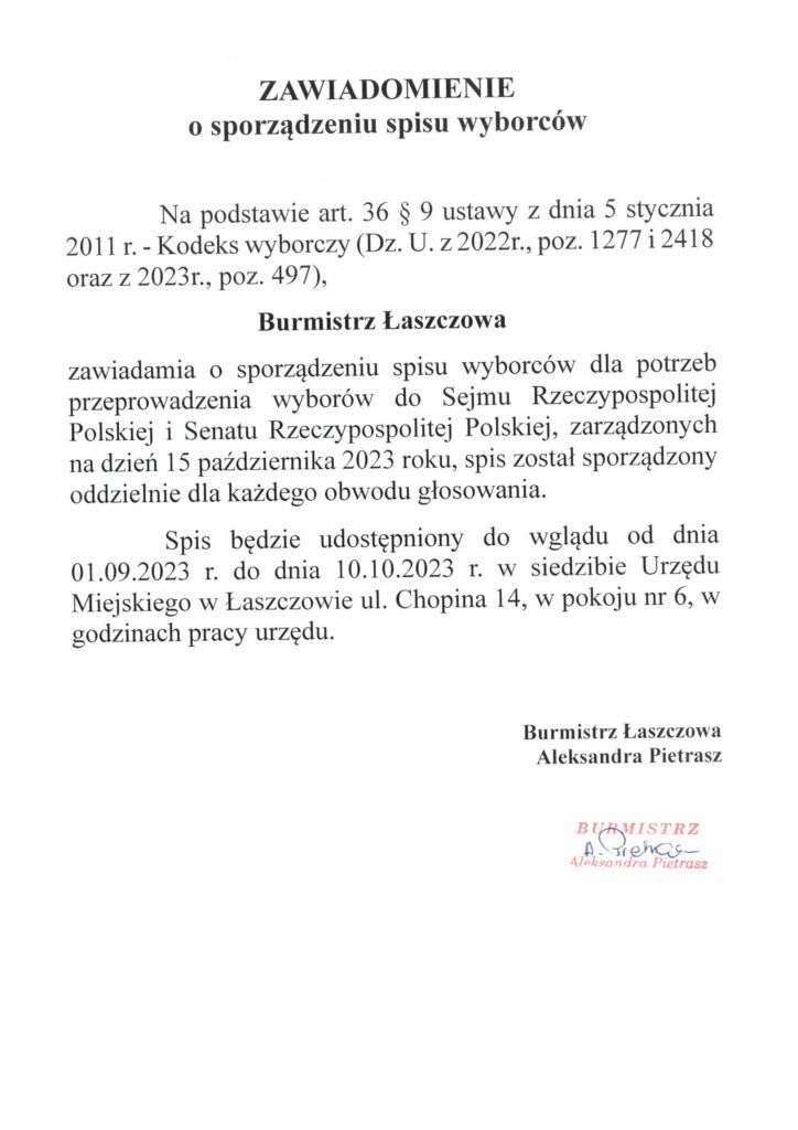 Burmistrz Łaszczowa zawiadamia o sporządzeniu spisu wyborców
