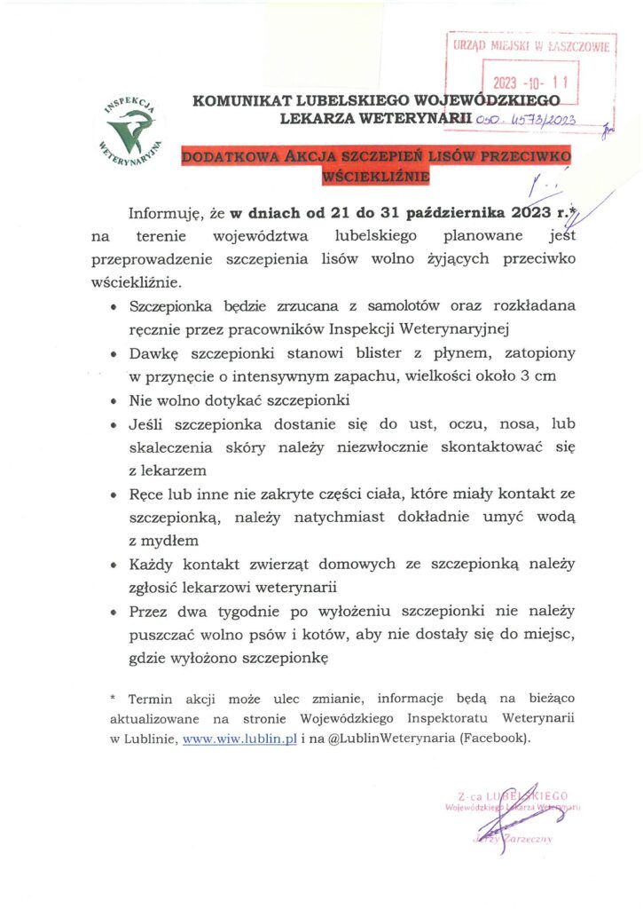  w dniach od 21 do 31 października 2023 roku odbędzie się akcja szczepień przeciwko lisom na terenie województwa lubelskiego