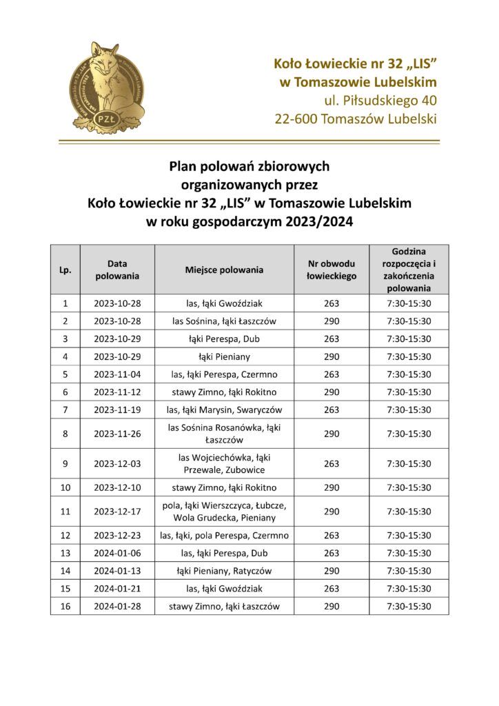 Wykaz polowań organizowanych między 28 października 2023 roku a 28 stycznia 2024 roku koła łowieckiego nr 32 w Tomaszowie Lubelskim