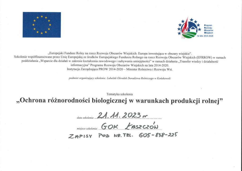21.11.2023 r w GOK w Łaszczowie odbędzie się szkolenie pod tytułem ochrona różnorodności biologicznej w warunkach produkcji rolnej