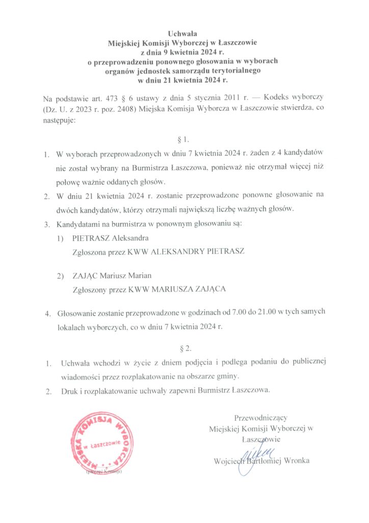informacja o ponownym głosowaniu na Burmistrza Łaszczowa